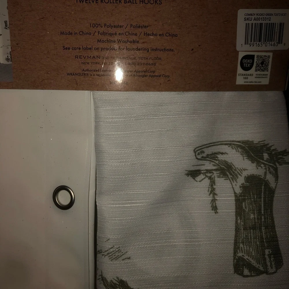 💚 Wrangler White and Green Western theme Shower Curtain Set with Roller Hooks